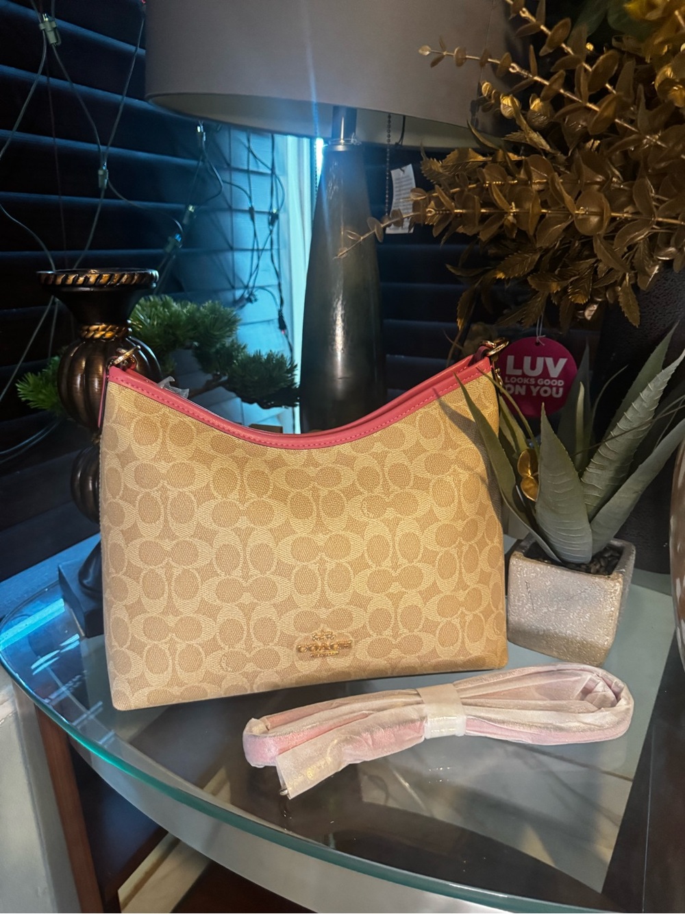 Coach pink Laurel Signature Canvas Hobo Bag in Beige with Pink Trim